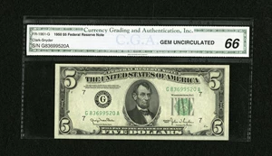 image for: Fr. 1961-G $5 1950 Wide Federal Reserve Note. CGA Gem Uncirculated 66....