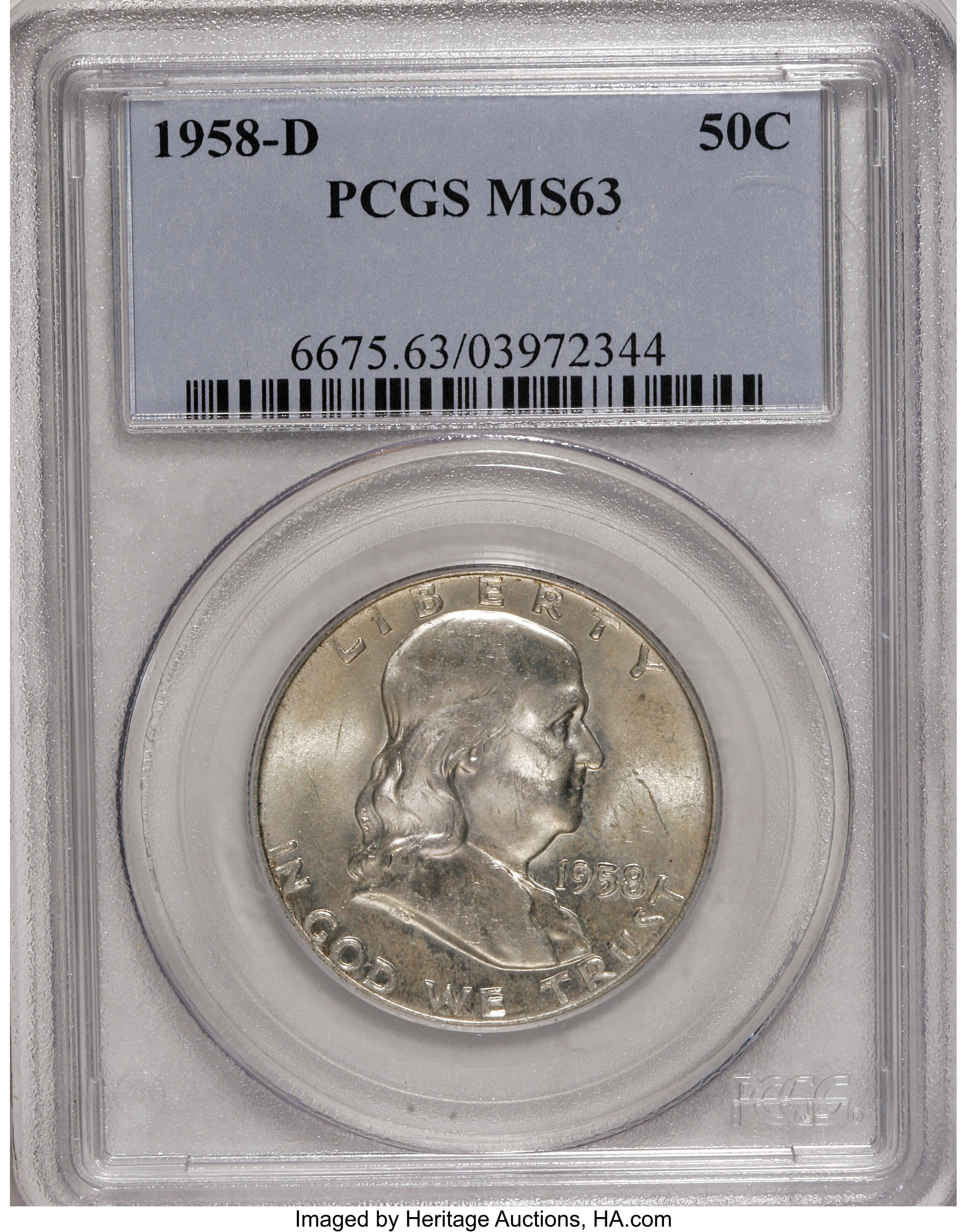 1958-D 50C MS63 PCGS. PCGS Population (144/2526). NGC Census: (99/2474). Mintage: 23,962,412. Numismedia Wsl. Price for NGC...
