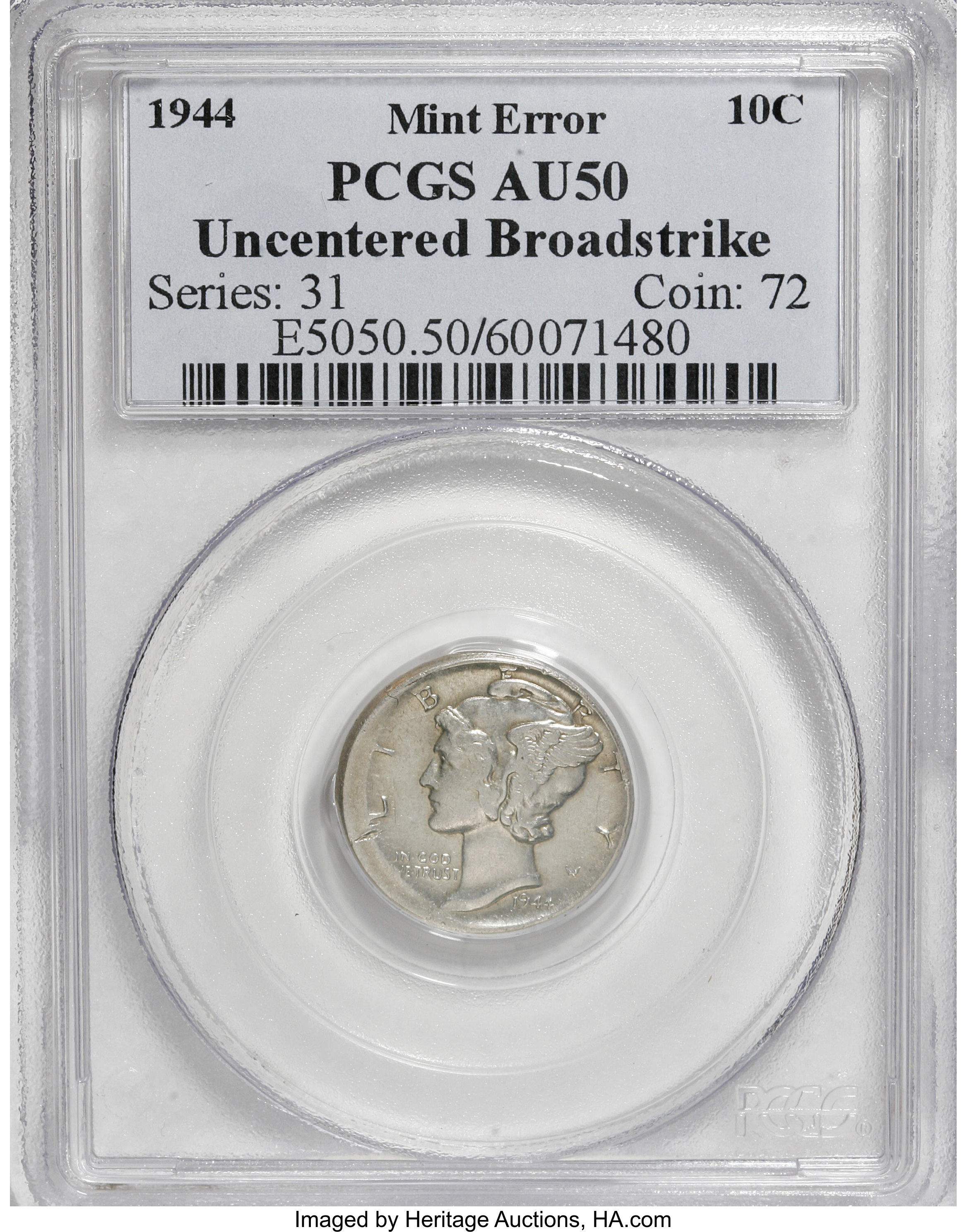 1944 10C Mercury Dime Uncentered Broadstrike AU50 PCGS. ...