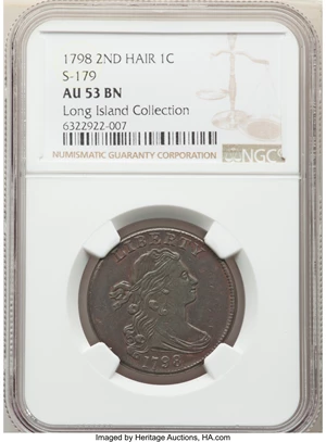image for: 1798 1C Second Hair Style, S-179, B-37, R.2, AU53 NGC....