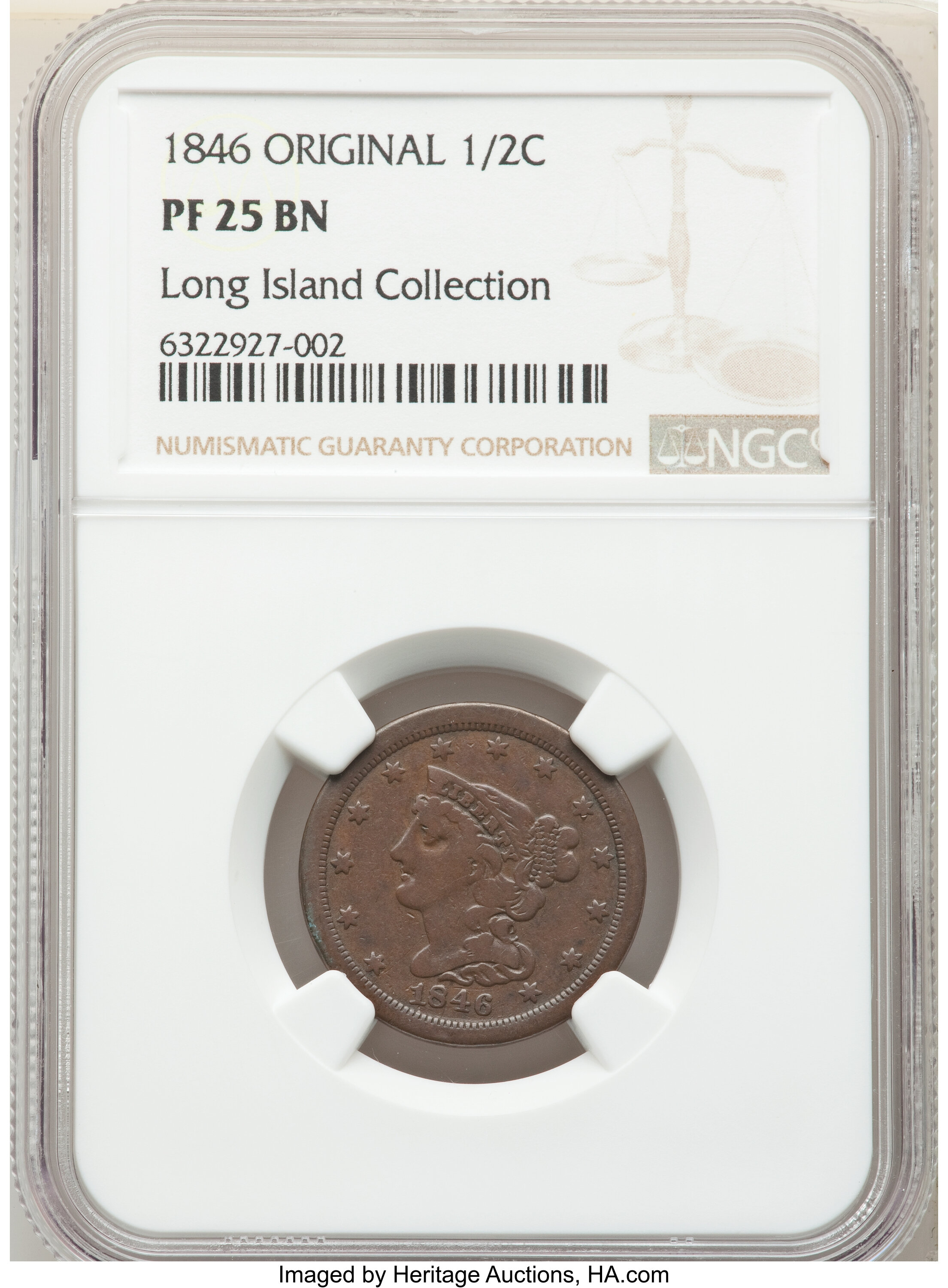 image for: 1846 1/2 C Original PR25 NGC. B-1, Low R.6. NGC Census: (1/7). PCGS Population: (0/8).  Mintage 18.From The Long Isla...
