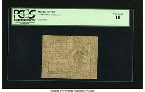 image for: Continental Currency May 20, 1777 $3 PCGS Very Good 10....