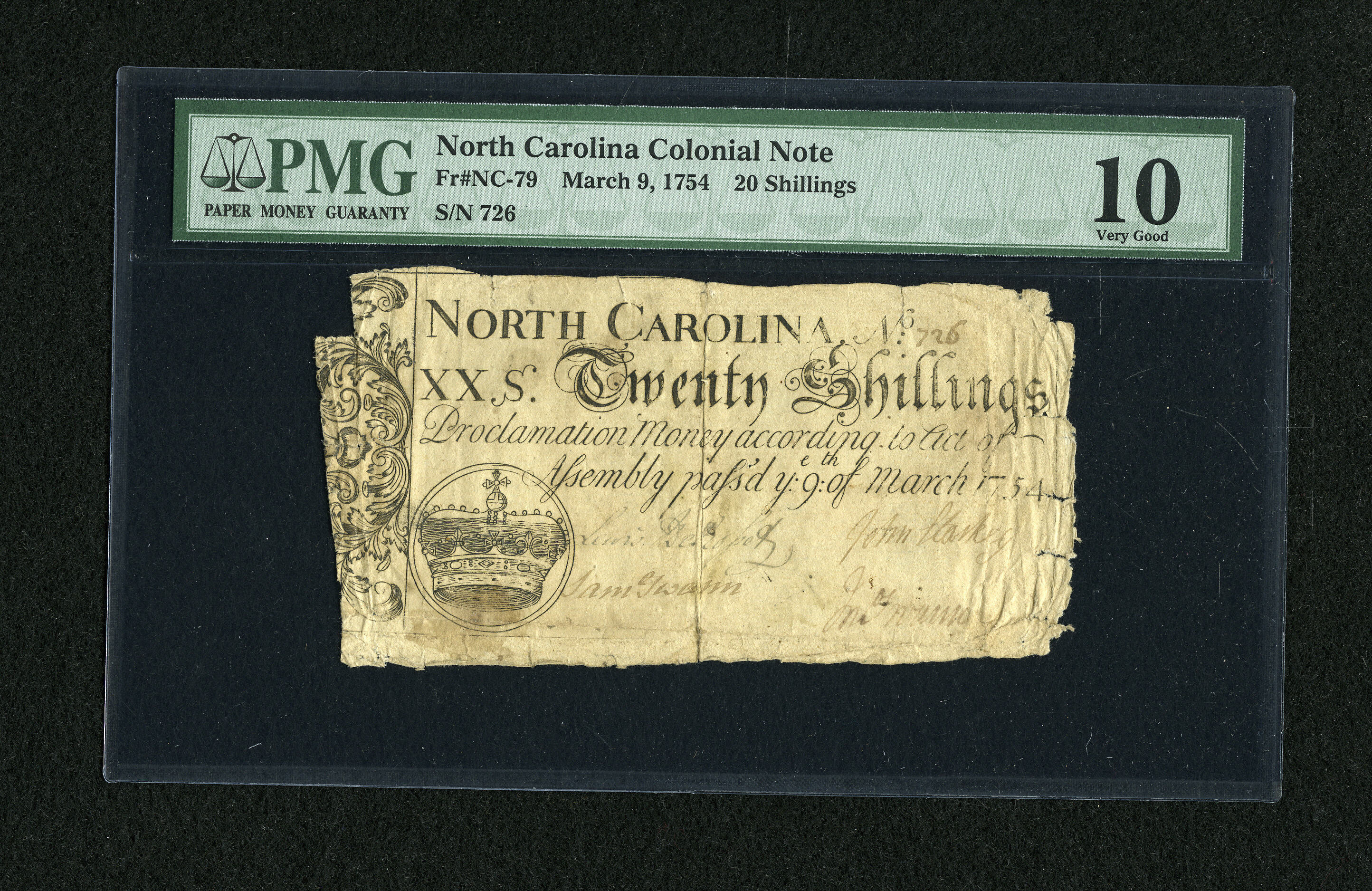 image for: North Carolina March 9, 1754 20s PMG Very Good 10....
