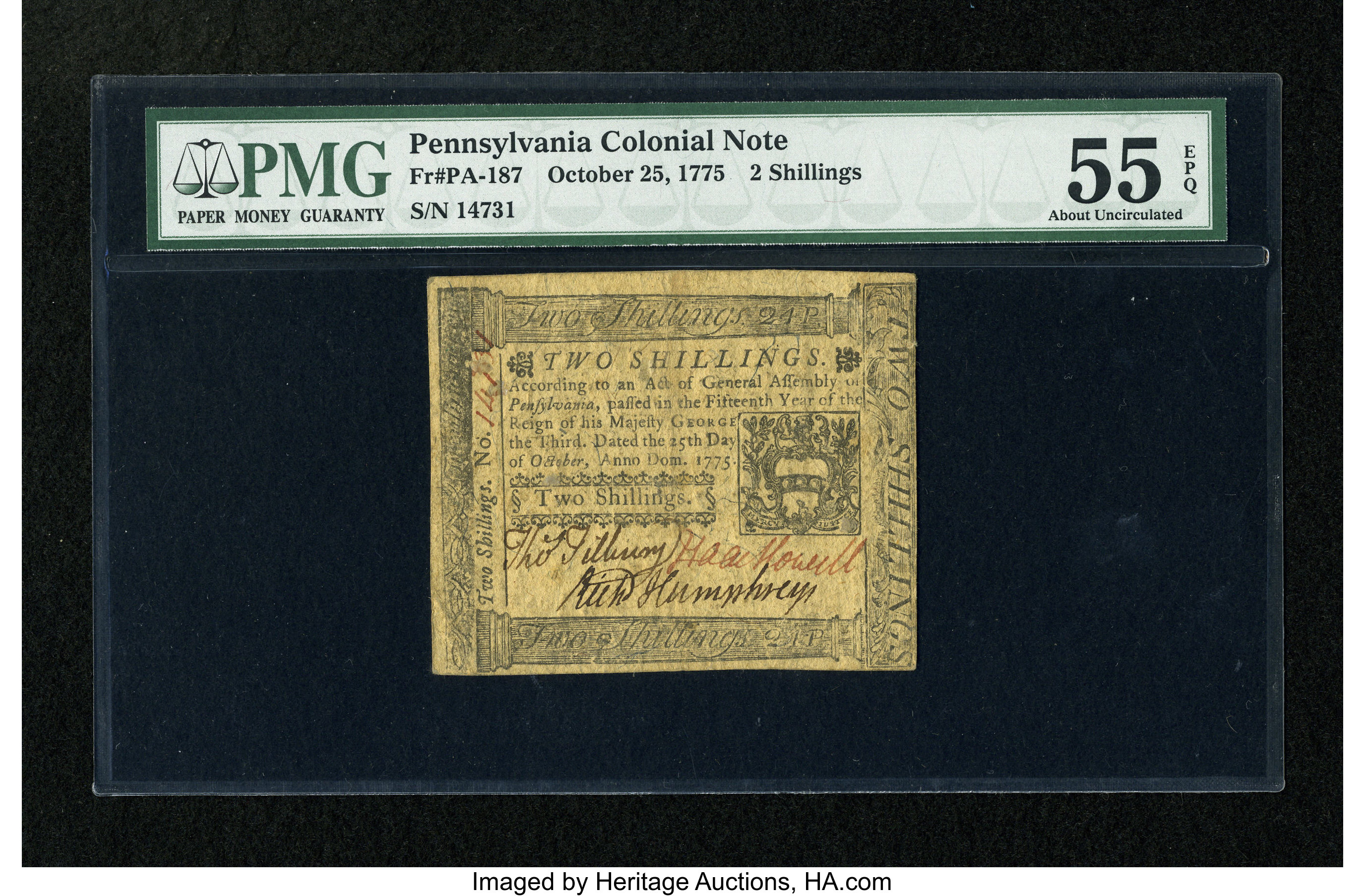 image for: Pennsylvania October 25, 1775 2s PMG About Uncirculated 55 EPQ....