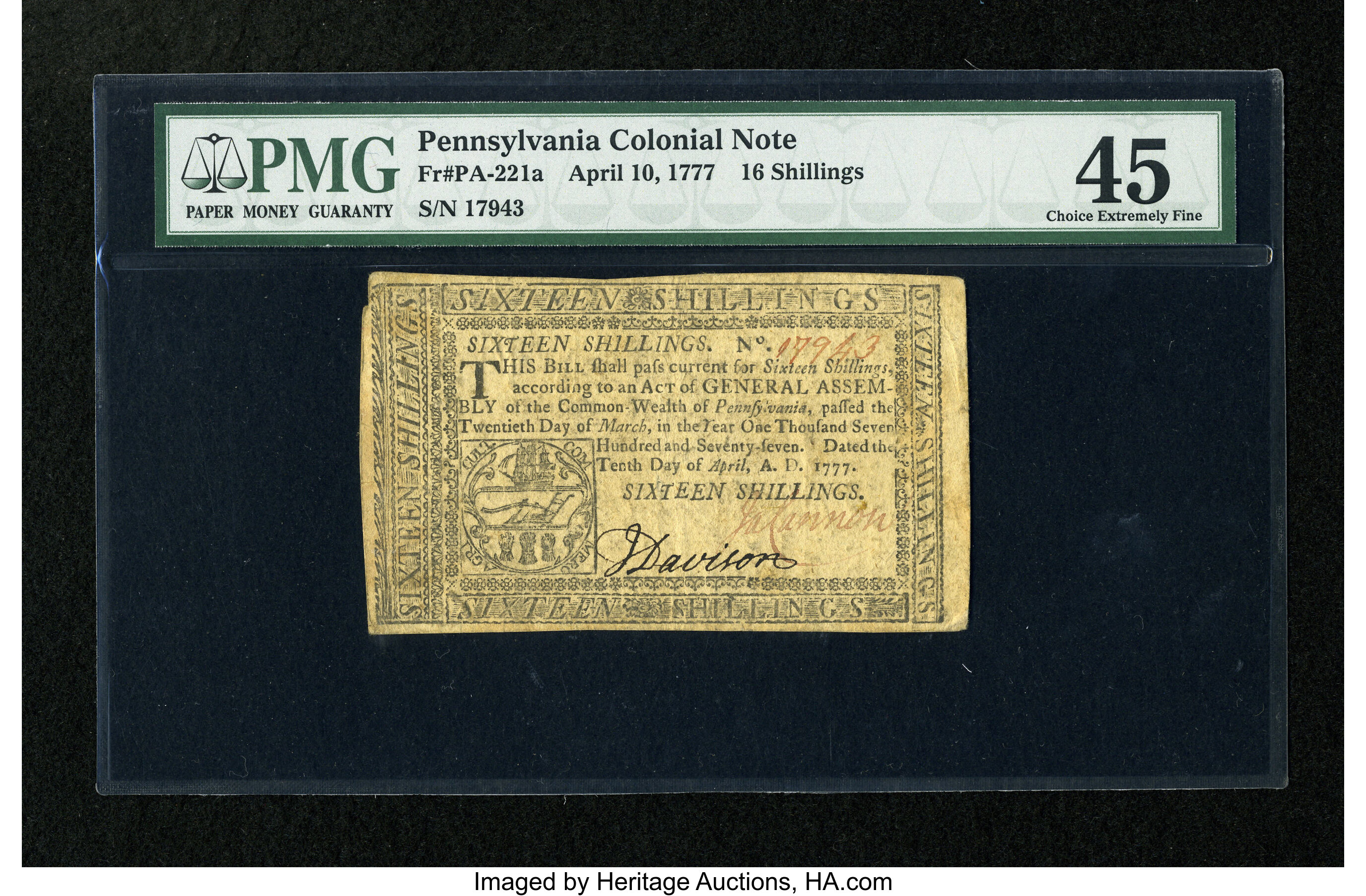 image for: Pennsylvania April 10, 1777 16s PMG Choice Extremely Fine 45....