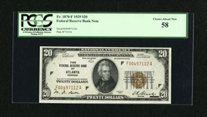 image for: Fr. 1870-F $20 1929 Federal Reserve Bank Note. PCGS Choice About New 58....