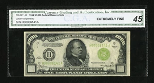 image for: Fr. 2211-H $1000 1934 Light Green Seal Federal Reserve Note. CGA Extremely Fine 45....