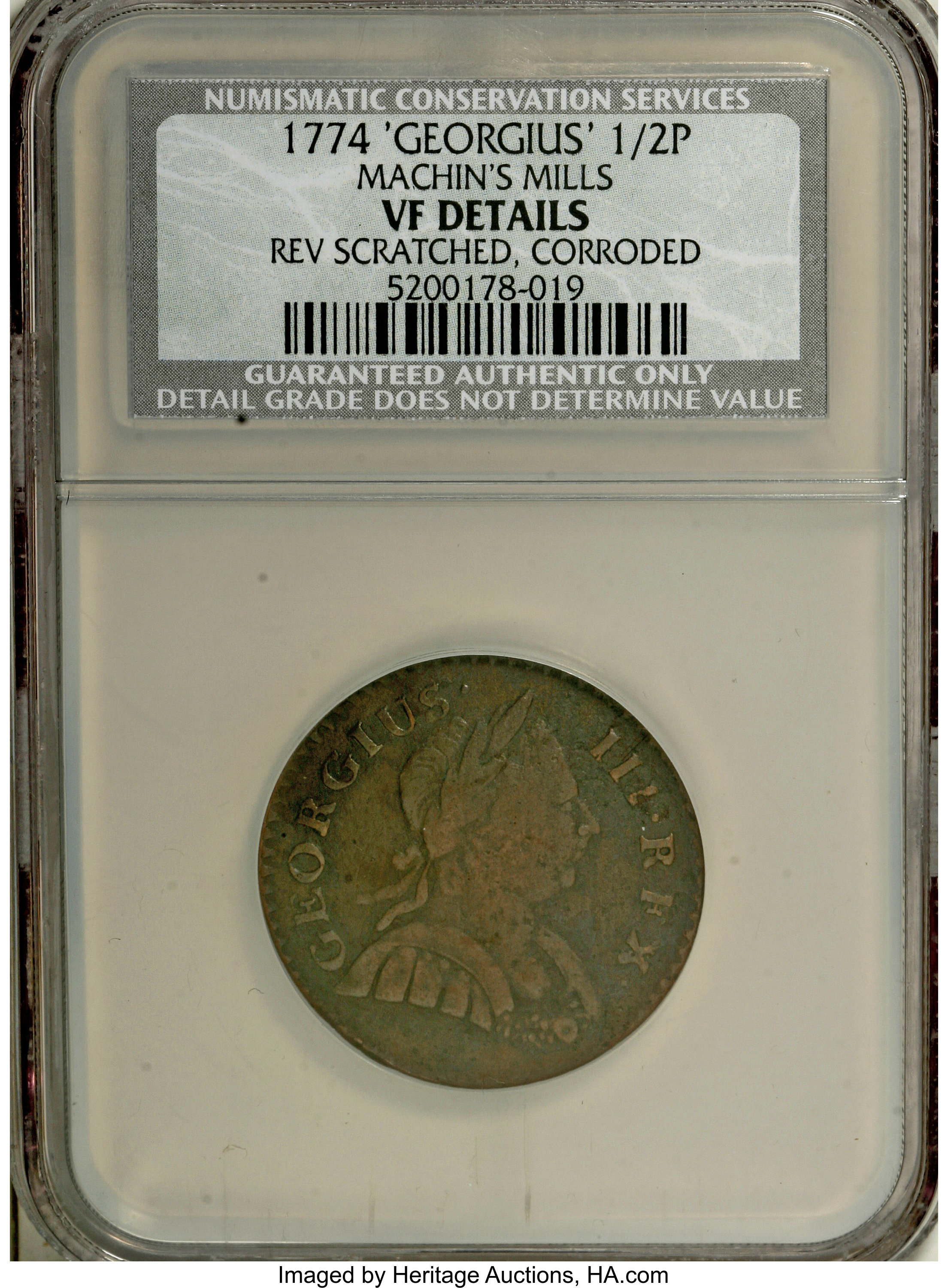 image for: 1774 1/2P Machin's Mills 'GEORGIUS' Halfpenny--Corroded, Reverse Scratched--NCS VF Details. NGC Census: (0/0). PCGS Populat...