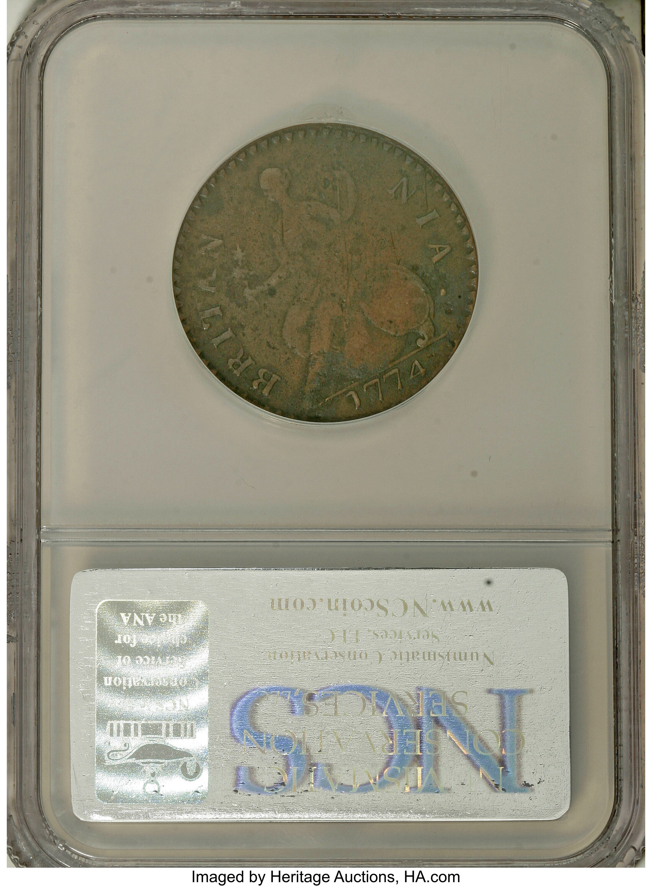 image for: 1774 1/2P Machin's Mills 'GEORGIUS' Halfpenny--Corroded, Reverse Scratched--NCS VF Details. NGC Census: (0/0). PCGS Populat...