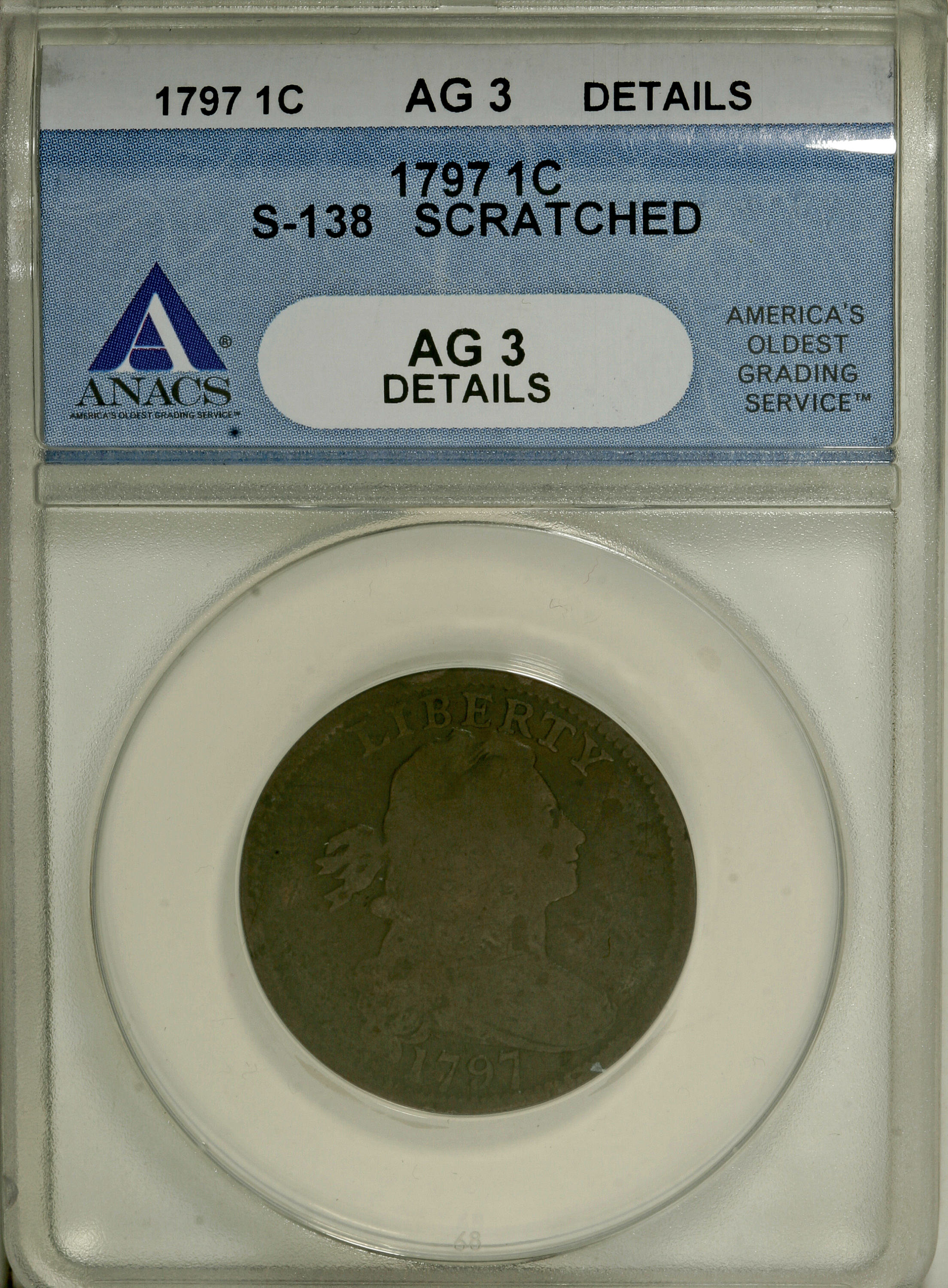 image for: 1797 1C Reverse of 1797, No Stems--Scratched--ANACS. AG3 Details. S-138. NGC Census: (0/9). PCGS Population (0/11). Mintage...