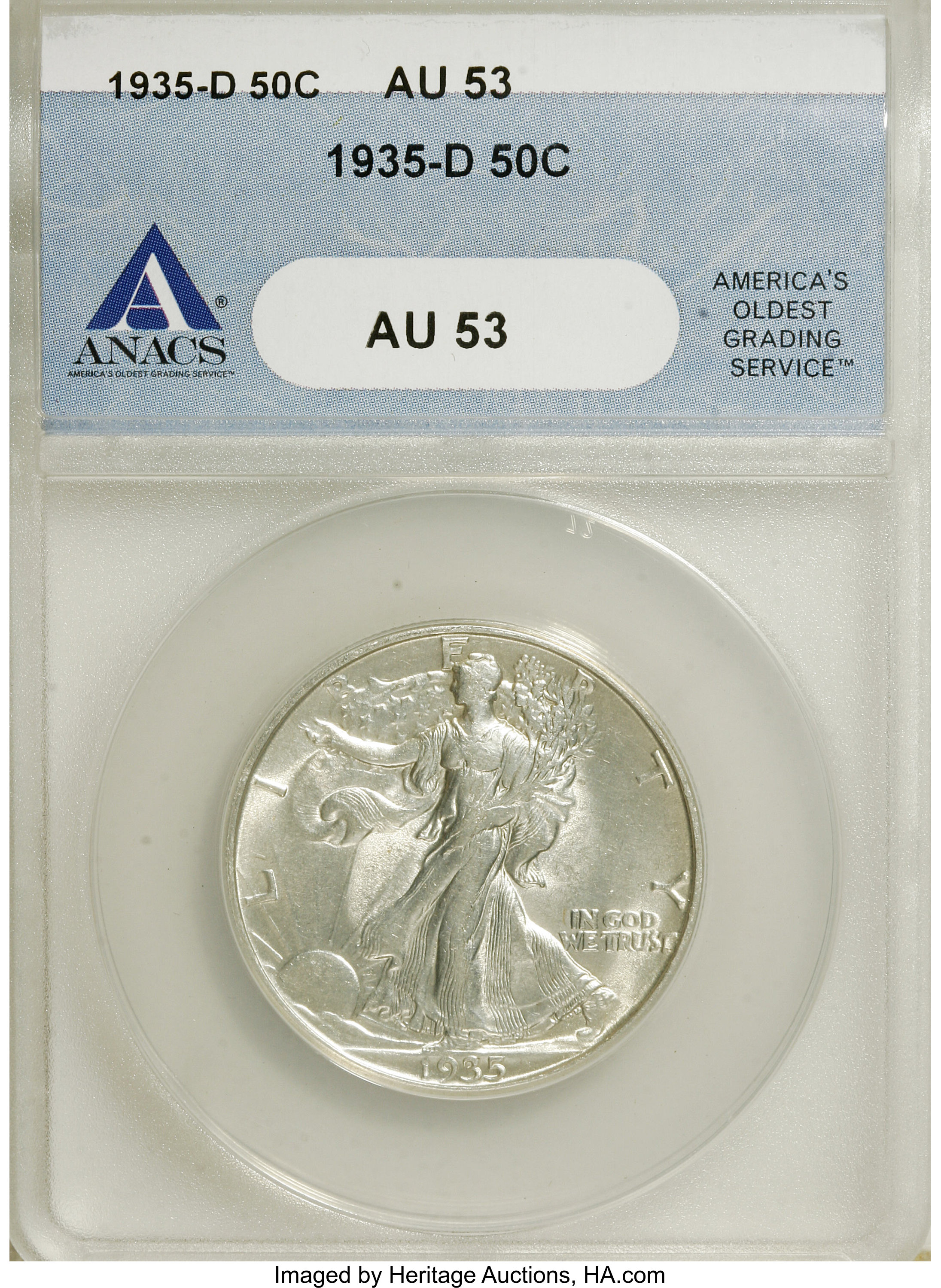 1935-D 50C AU53 ANACS. NGC Census: (0/784). PCGS Population (8/1474). Mintage: 3,003,800. Numismedia Wsl. Price for NGC/PCG...