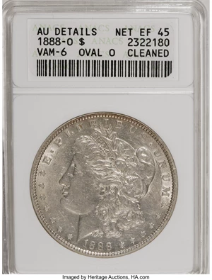 image for: 1888-O $1 Oval O--Cleaned--ANACS. AU Details, Net XF45. VAM-6. A Top 100 Variety. (#133923)...
