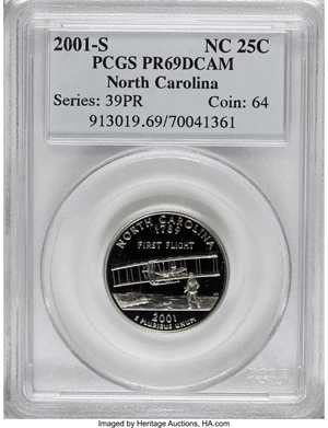 image for: 2001-S 25C North Carolina Clad PR69 Deep Cameo PCGS. PCGS Population (3051/70). NGC Census: (0/0). Numismedia Wsl. Price f...