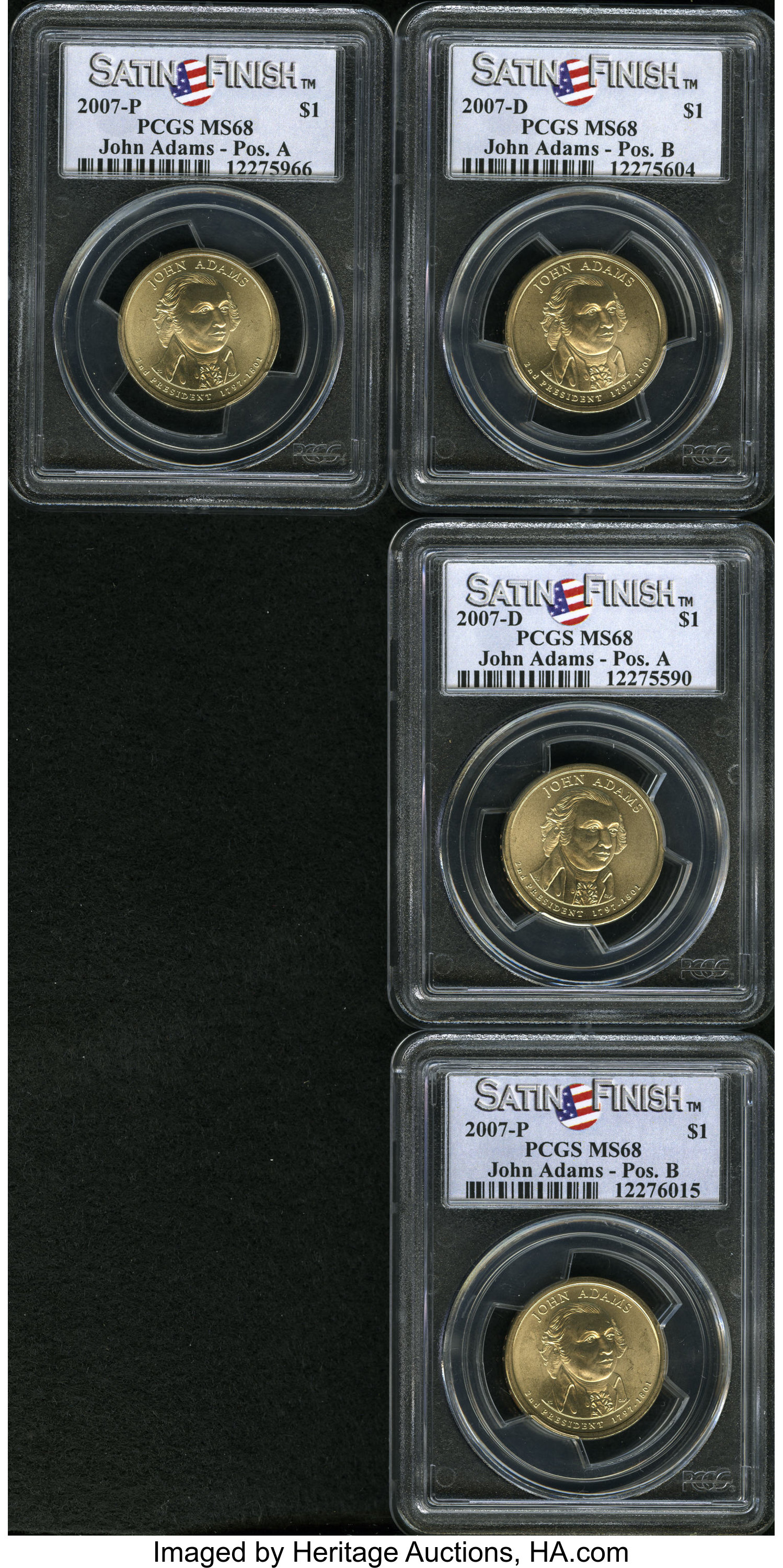 2007-D $1 Adams Satin Finish Pos. A MS68 PCGS . Set includes 2007-D Adams Satin Finish Pos. A, 2007-P Adams Satin Finish Po... (Total: 4 coins)