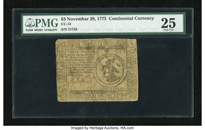 image for: Continental Currency November 29, 1775 $3 PMG Very Fine 25....