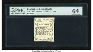 image for: Connecticut October 11, 1777 5d PMG Choice Uncirculated 64....