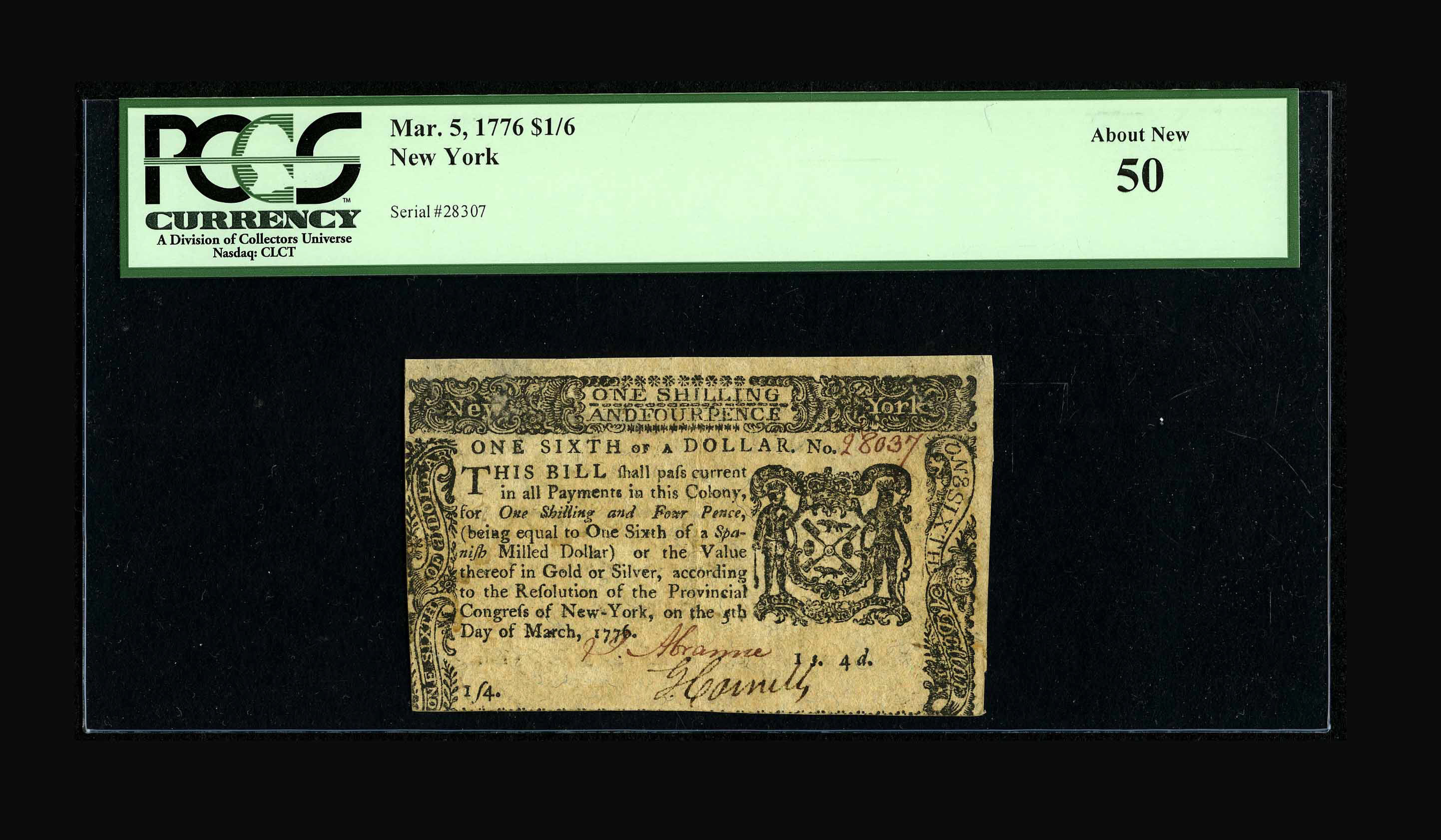image for: New York March 5, 1776 $1/6 PCGS About New 50....