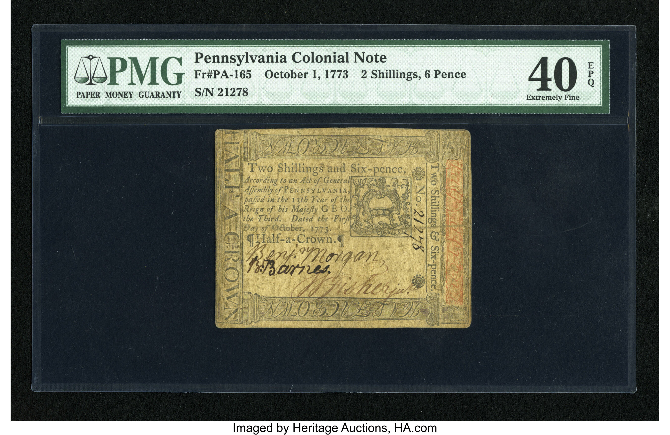 image for: Pennsylvania October 1, 1773 2s/6d PMG Extremely Fine 40 EPQ....