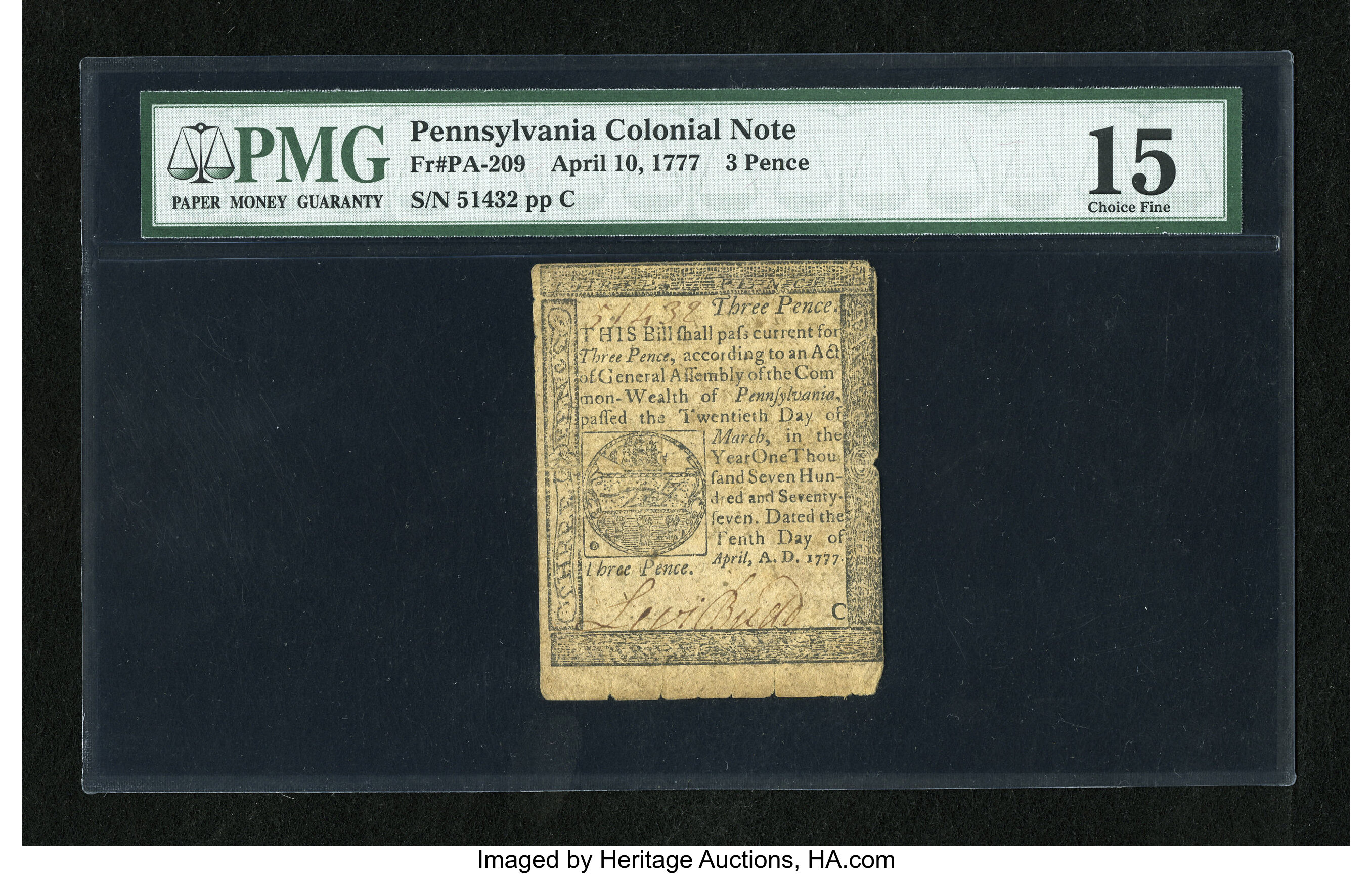image for: Pennsylvania April 10, 1777 3d PMG Choice Fine 15....