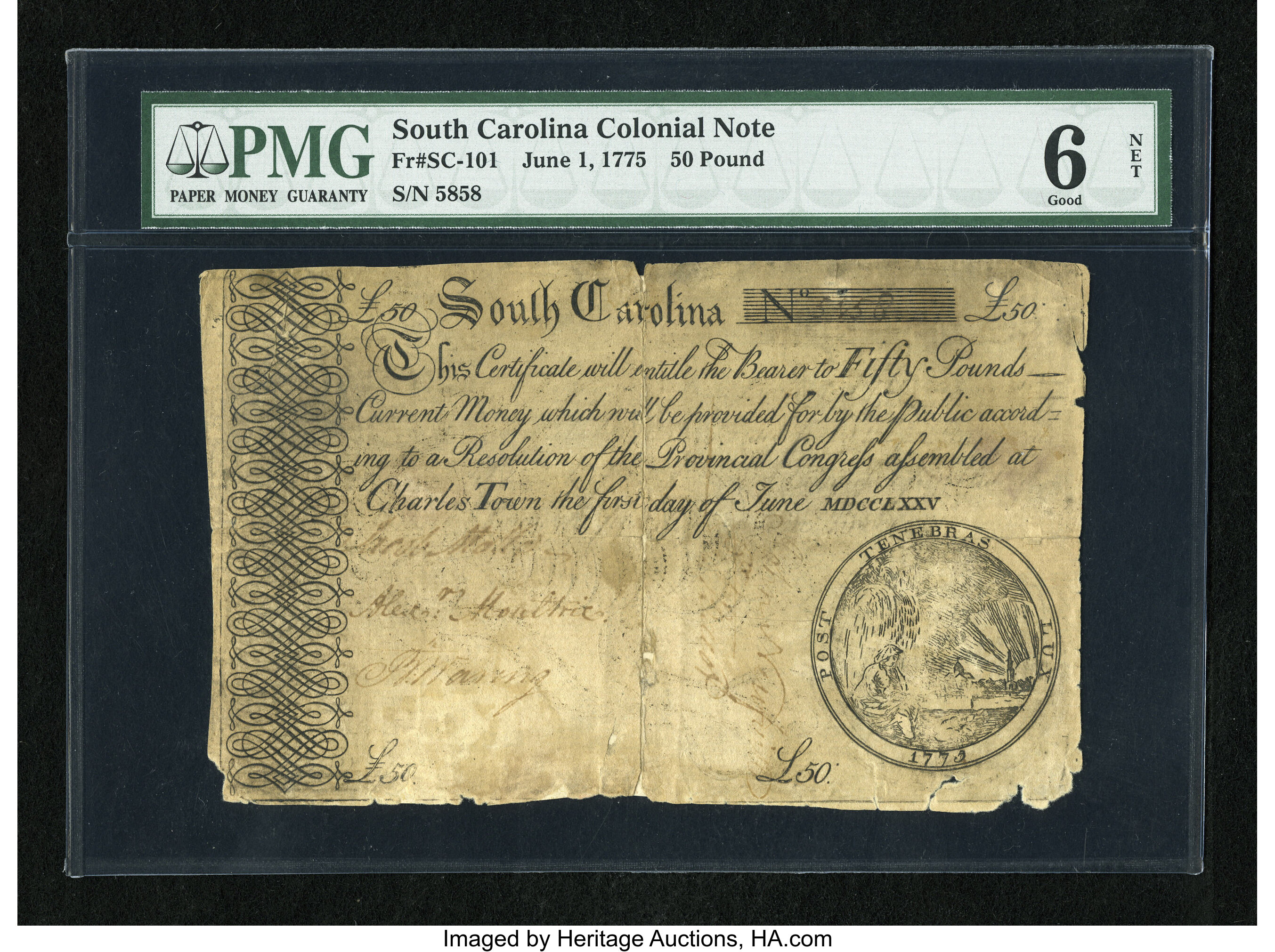 image for: South Carolina June 1, 1775 £50 PMG Good Net 6....