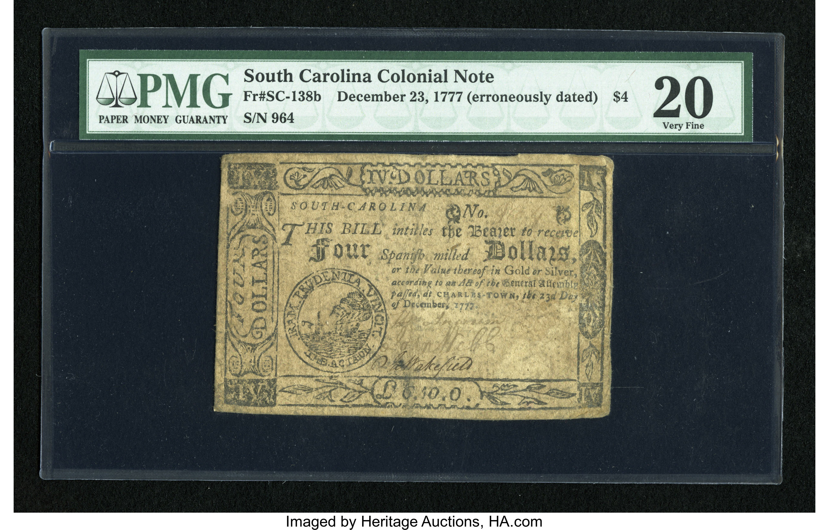 image for: South Carolina December 23, 1777 (erroneously dated) $4 Fully Signed PMG Very Fine 20....