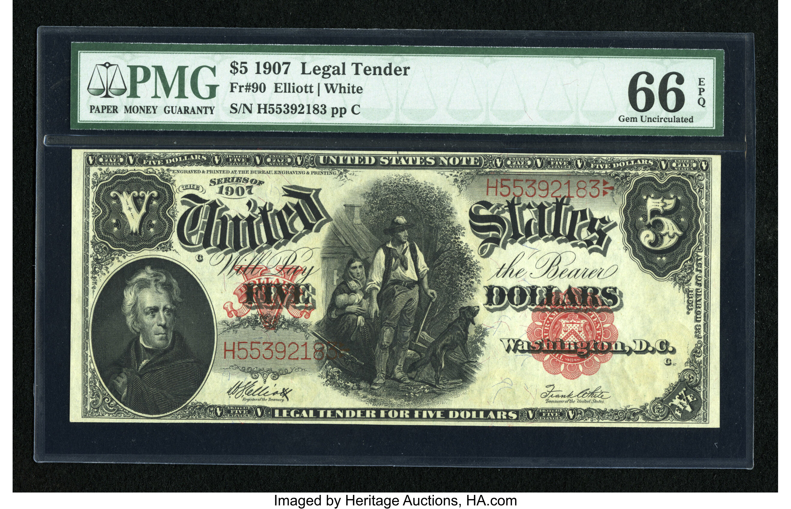 image for: Fr. 90 $5 1907 Legal Tender PMG Gem Uncirculated 66 EPQ....