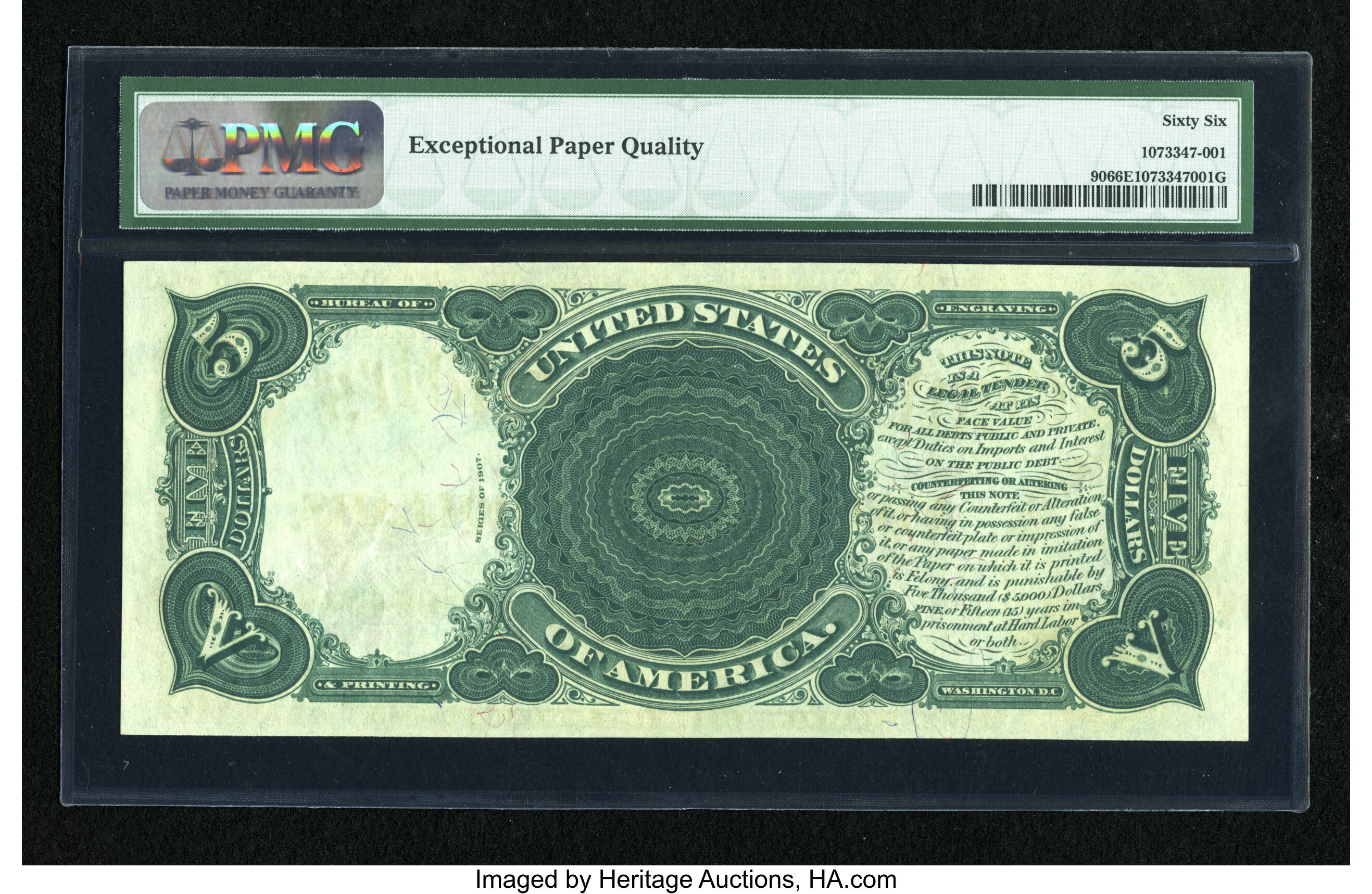 image for: Fr. 90 $5 1907 Legal Tender PMG Gem Uncirculated 66 EPQ....