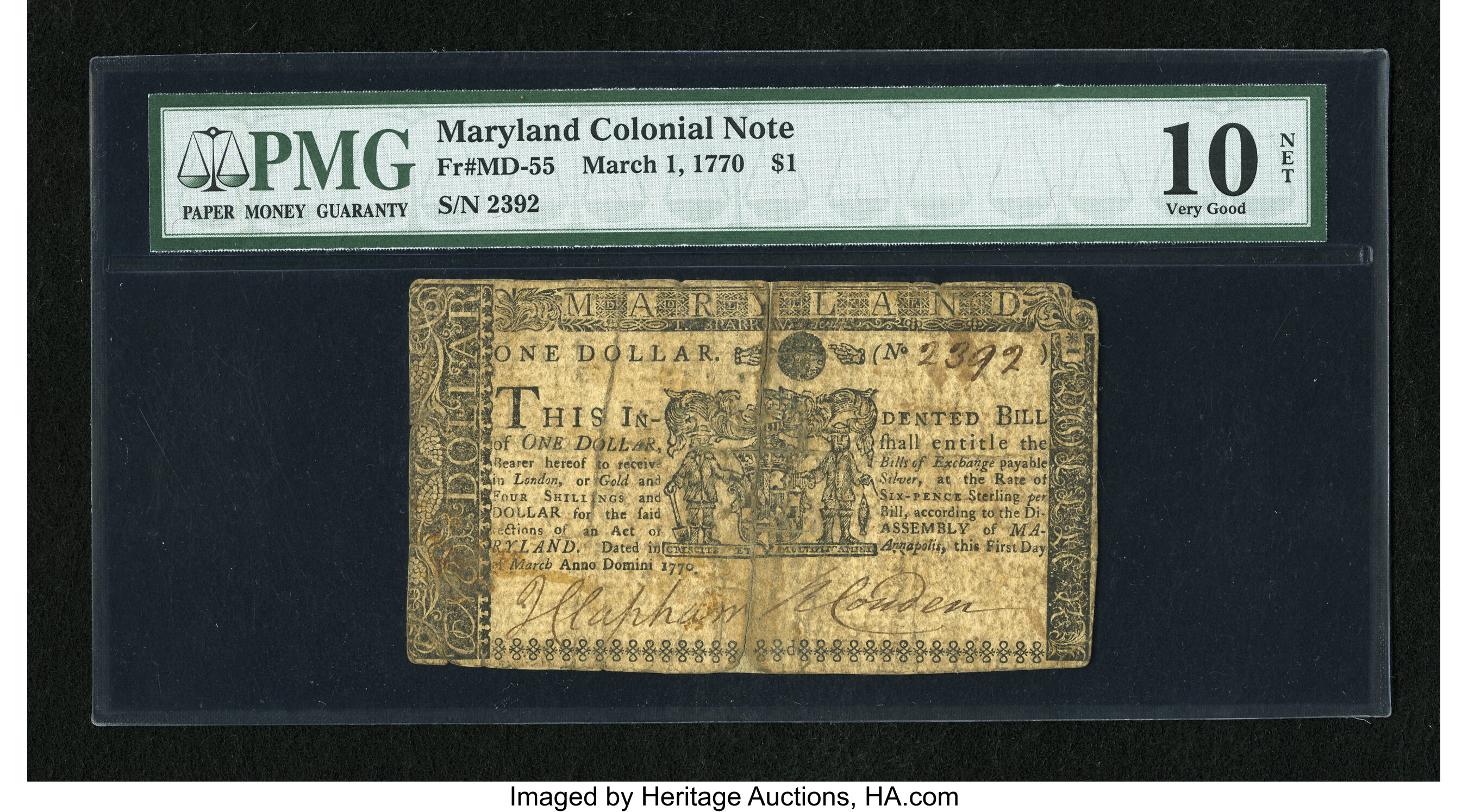 image for: Maryland March 1, 1770 $1 PMG Very Good Net 10....