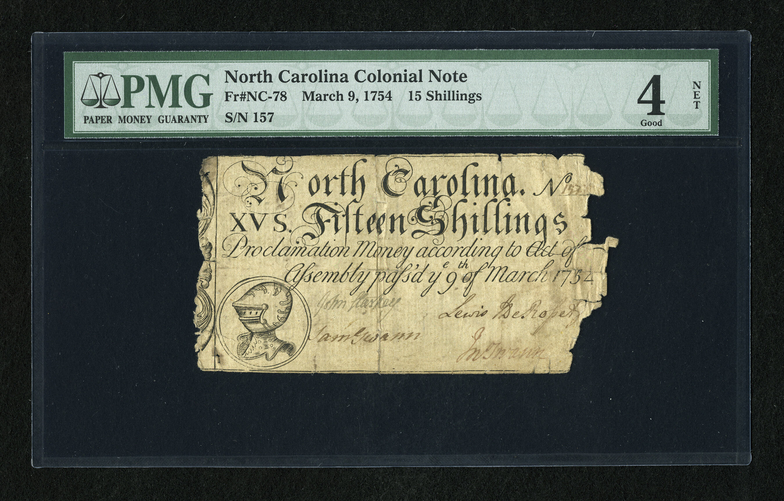 image for: North Carolina March 9, 1754 15s PMG Good Net 4....