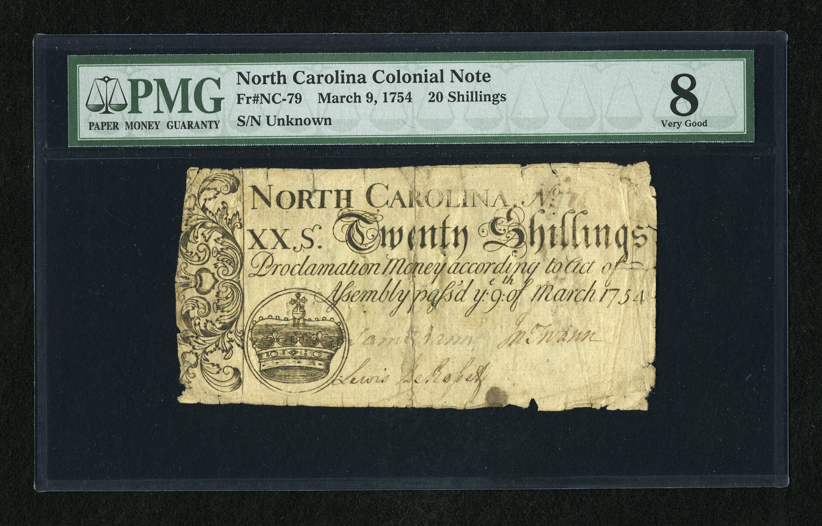 image for: North Carolina March 9, 1754 20s PMG Very Good 8....