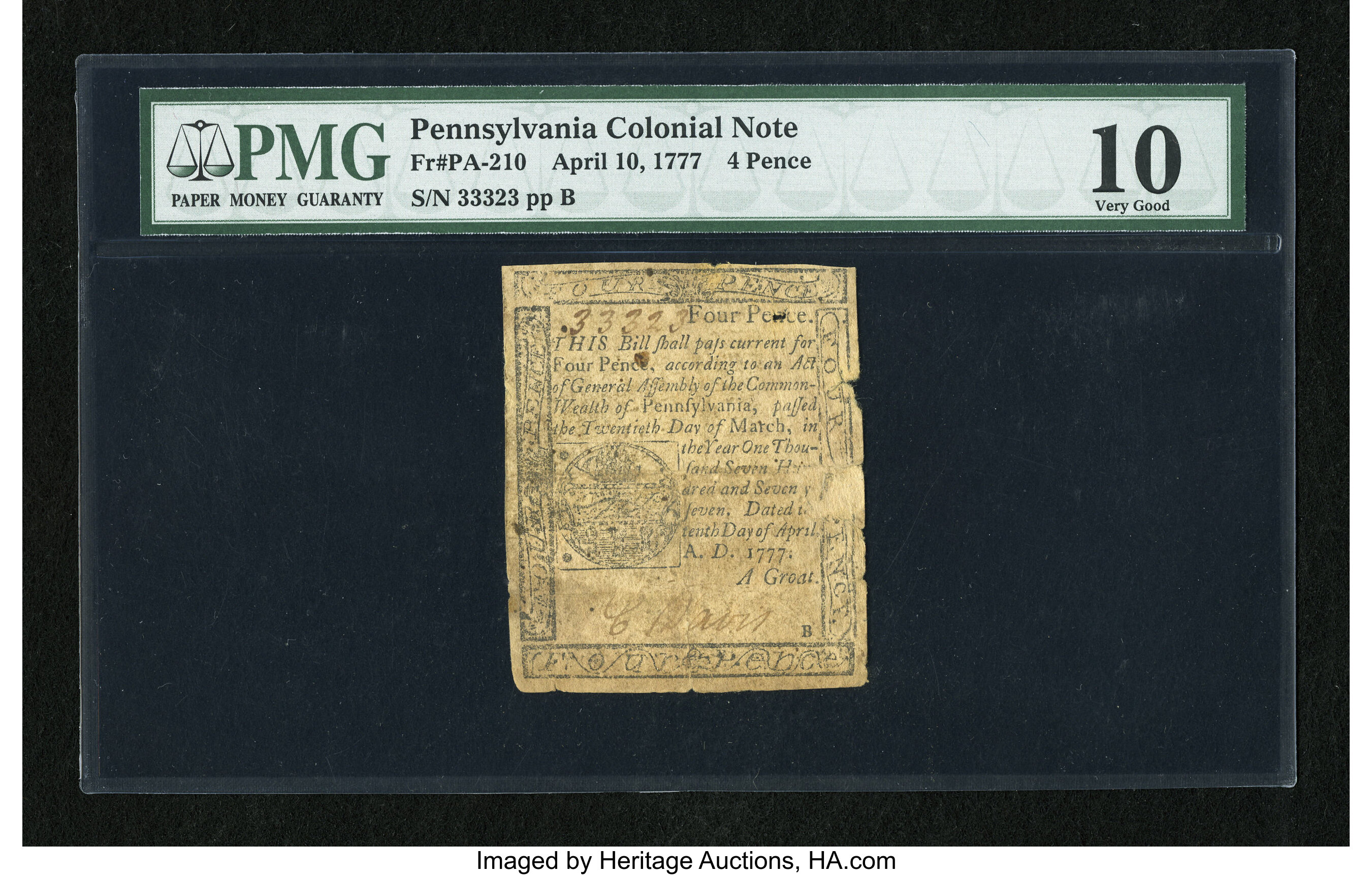 image for: Pennsylvania April 10, 1777 4d PMG Very Good 10.