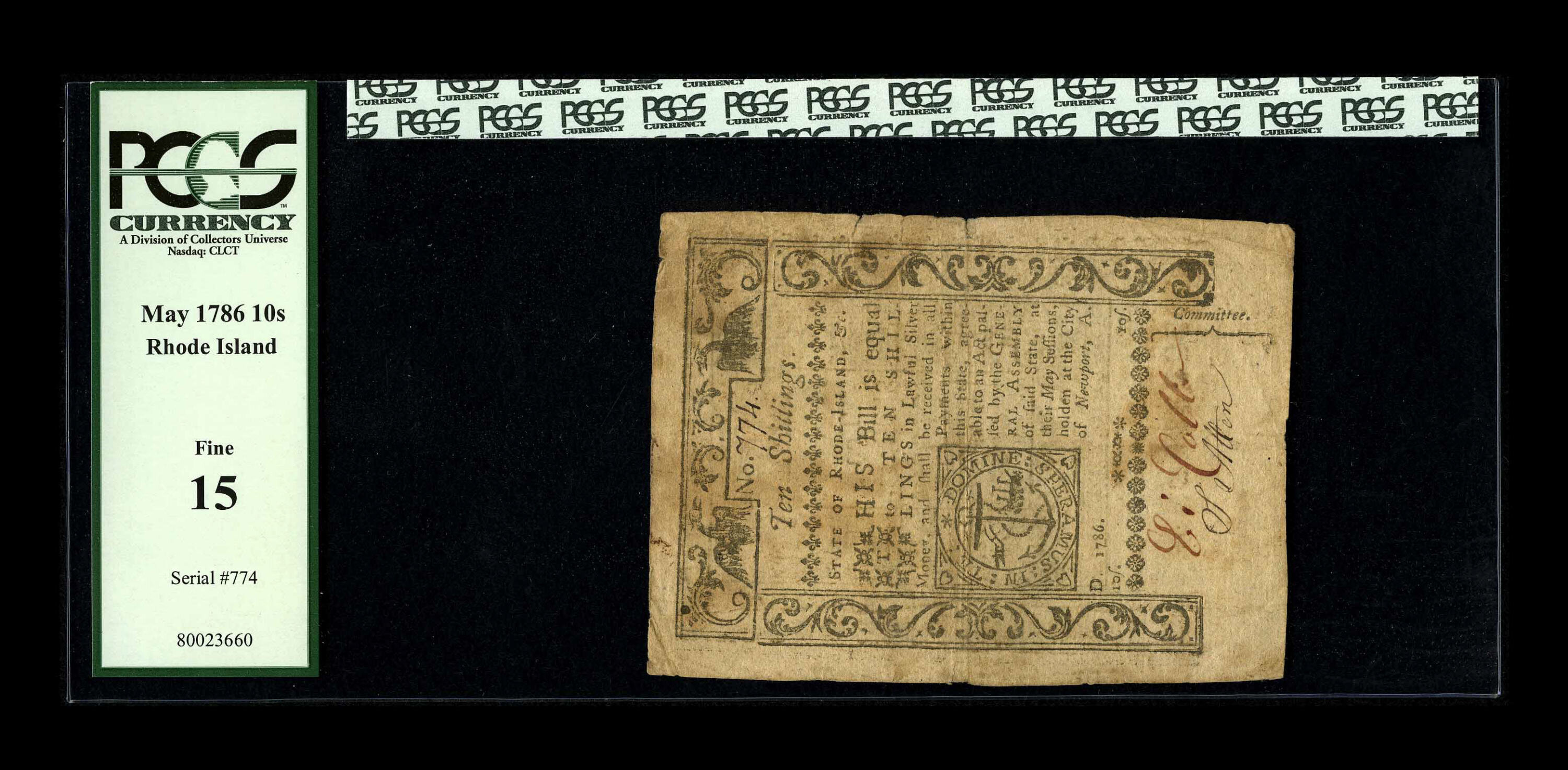 image for: Rhode Island May 1786 10s PCGS Fine 15....