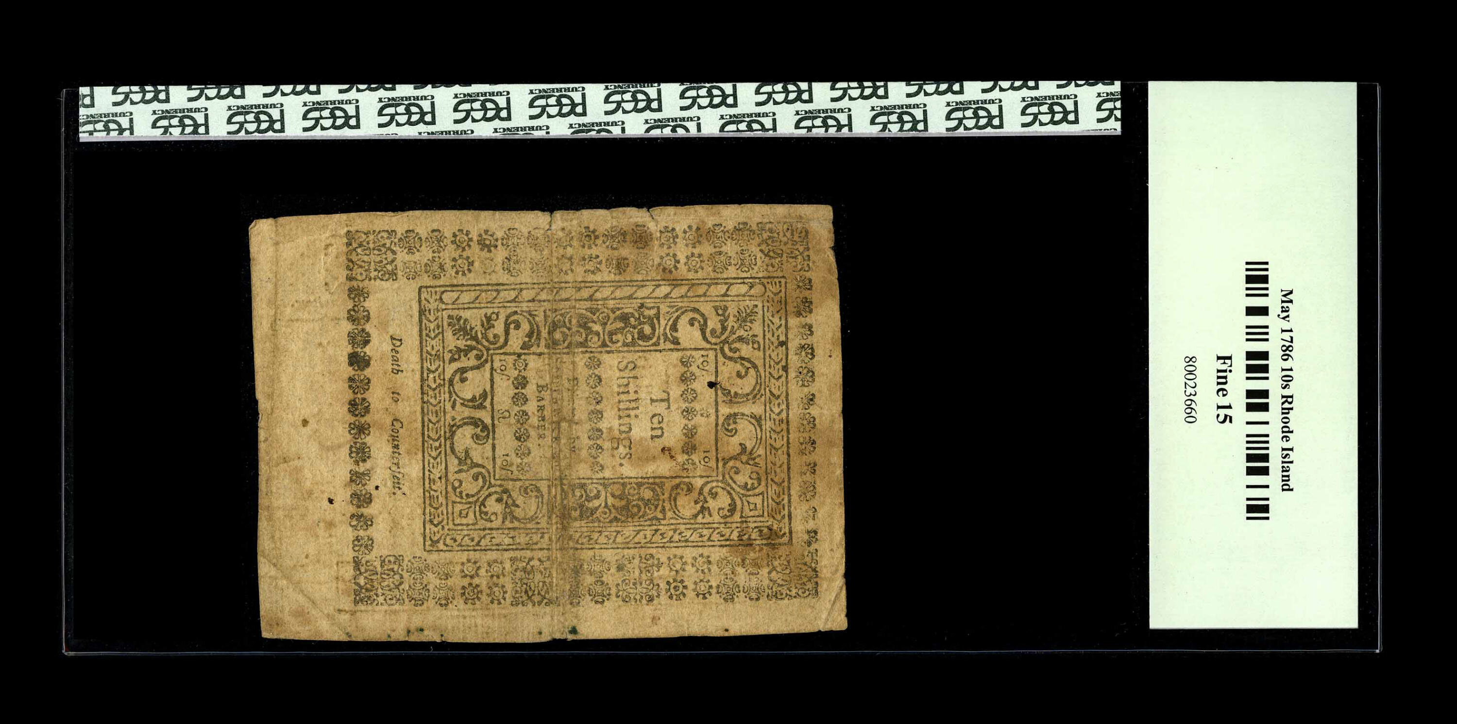 image for: Rhode Island May 1786 10s PCGS Fine 15....