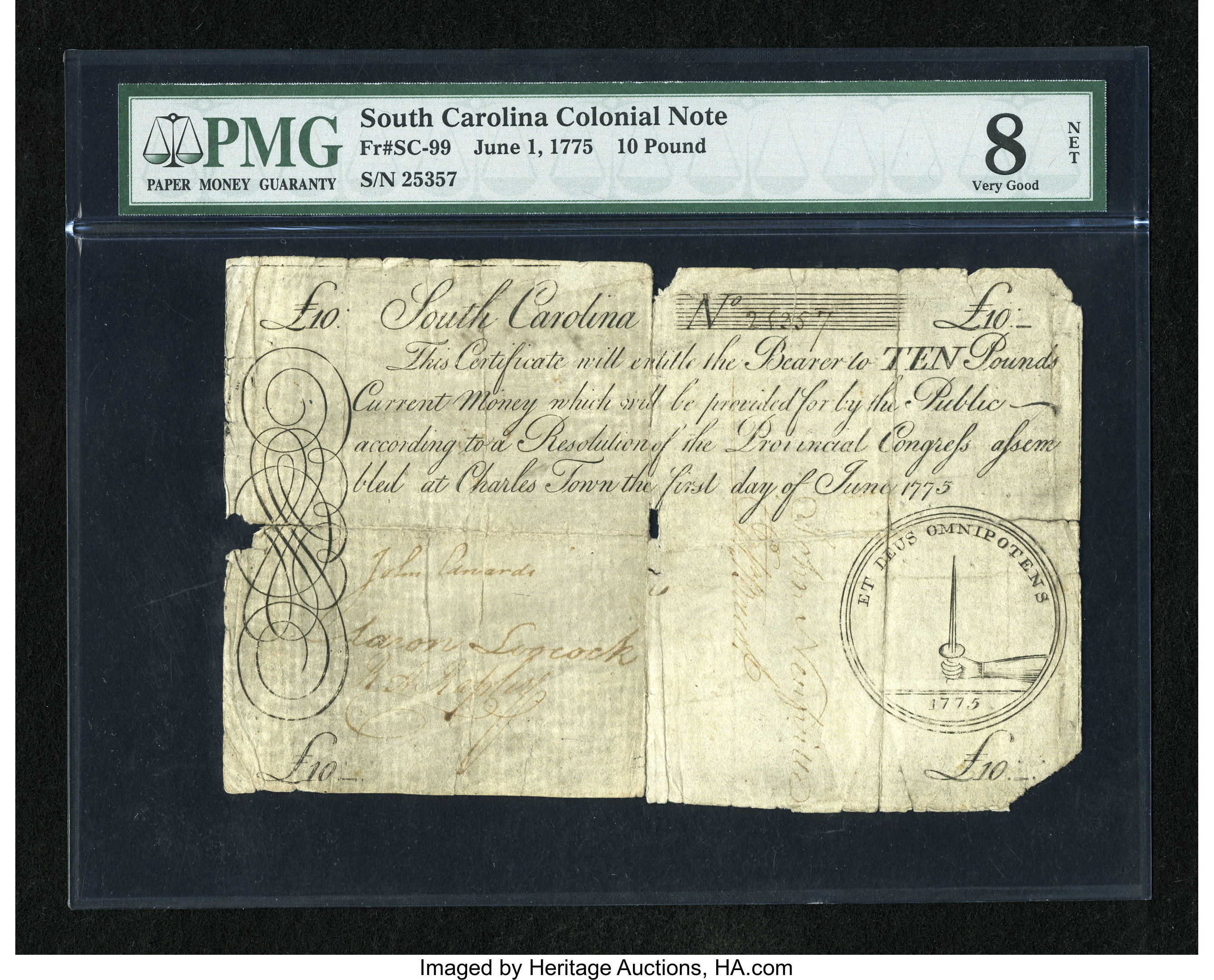 image for: South Carolina June 1, 1775 £10 PMG Very Good Net 8....