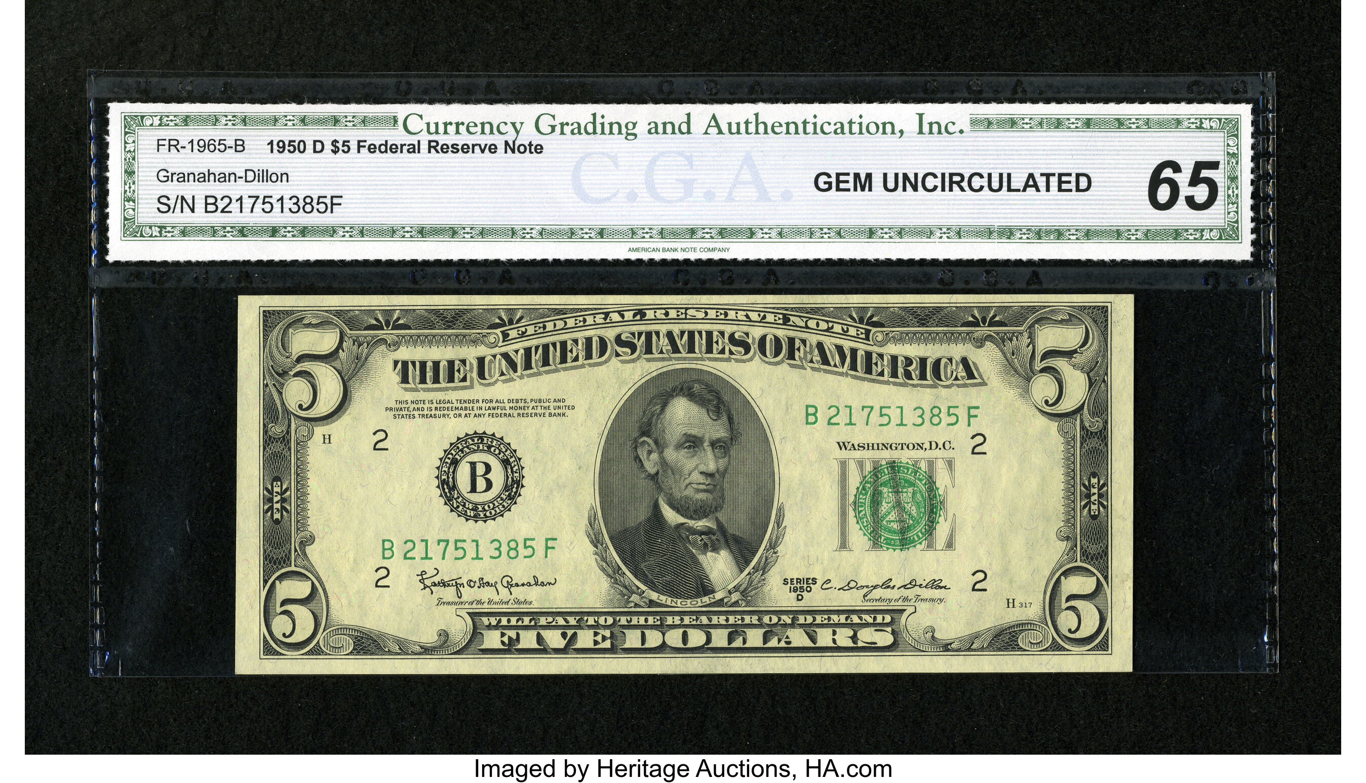 image for: Fr. 1965-B $5 1950D Federal Reserve Note. CGA Gem Uncirculated 65....