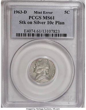 image for: 1963-D Jefferson Nickel--Struck on a Silver Dime Planchet--MS61 PCGS....