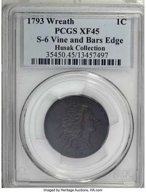 image for: 1793 1C Wreath, Vine and Bars Edge. XF45 PCGS. S-6, B-7, R.3. ...