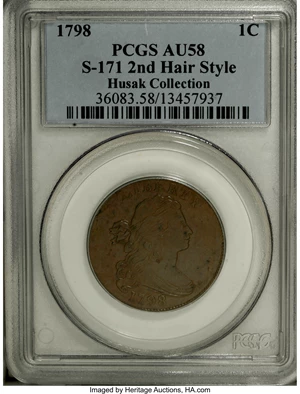 image for: 1798 1C Second Hair. AU58 PCGS. S-171, B-30, R.4....