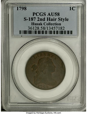 image for: 1798 1C Second Hair. AU58 PCGS. S-187, B-40, R.1. ...