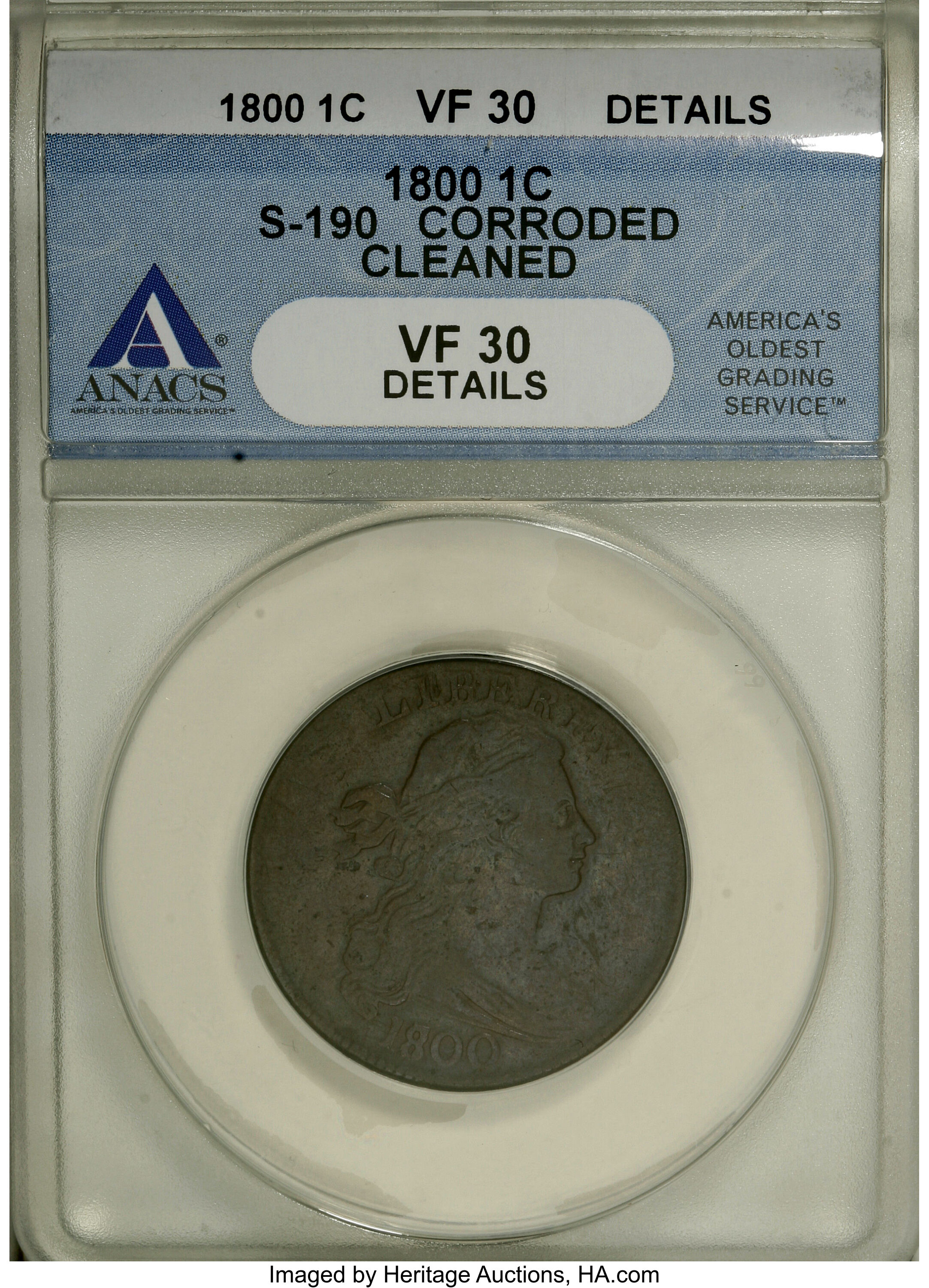 image for: 1800 1C Overdate, First Hair. VF30 Details, Corroded, Cleaned, ANACS. S-190, B-5, R.3. ...