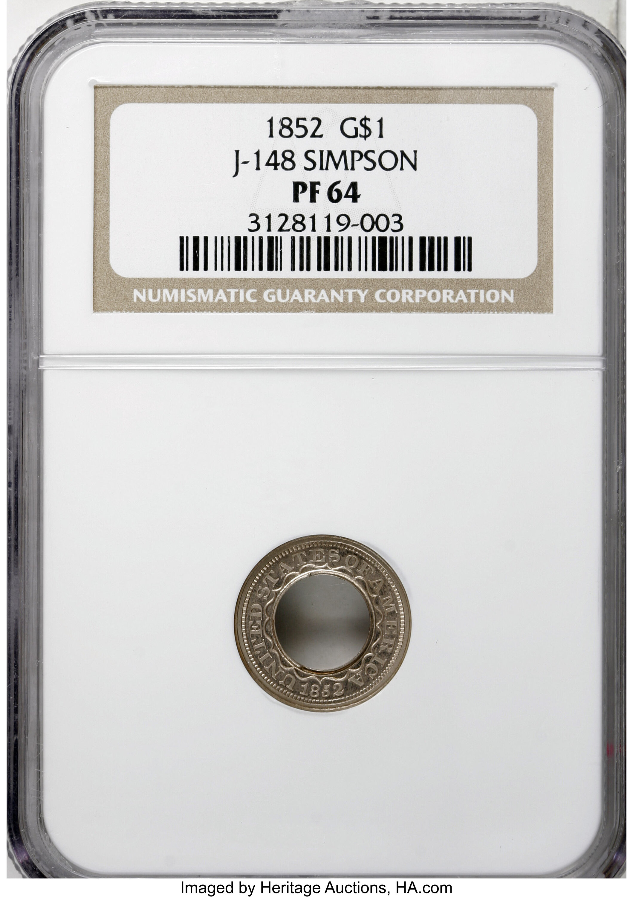 image for: 1852 PG$1 Gold Dollar, Judd-148, Pollock-176, Low R.7, PR64 NGC....