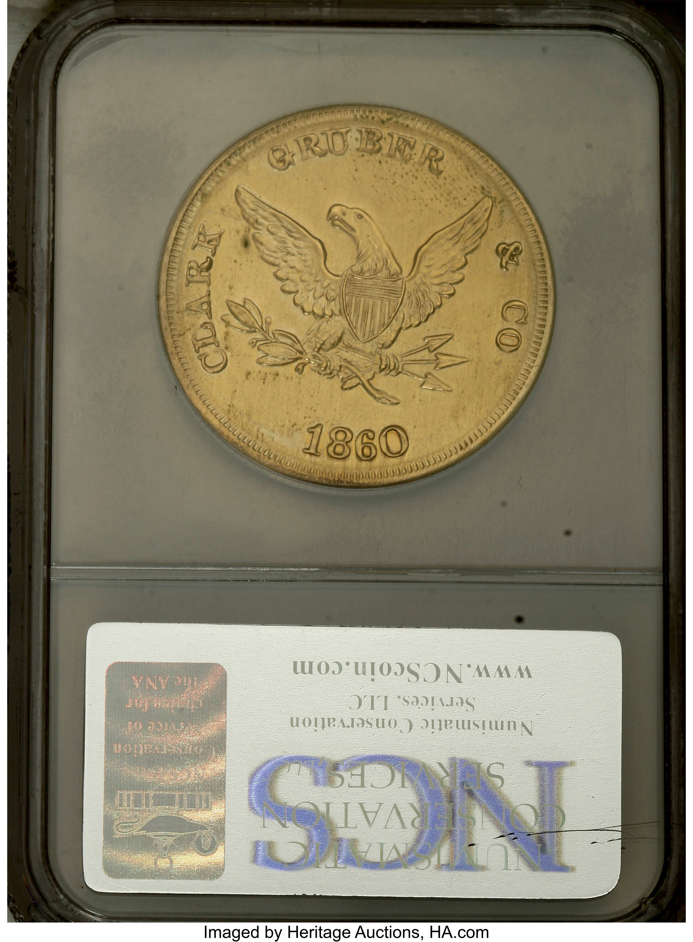 image for: 1860 $20 Clark, Gruber $20 Copper Die Trial--Repaired--NCS. AU Details....