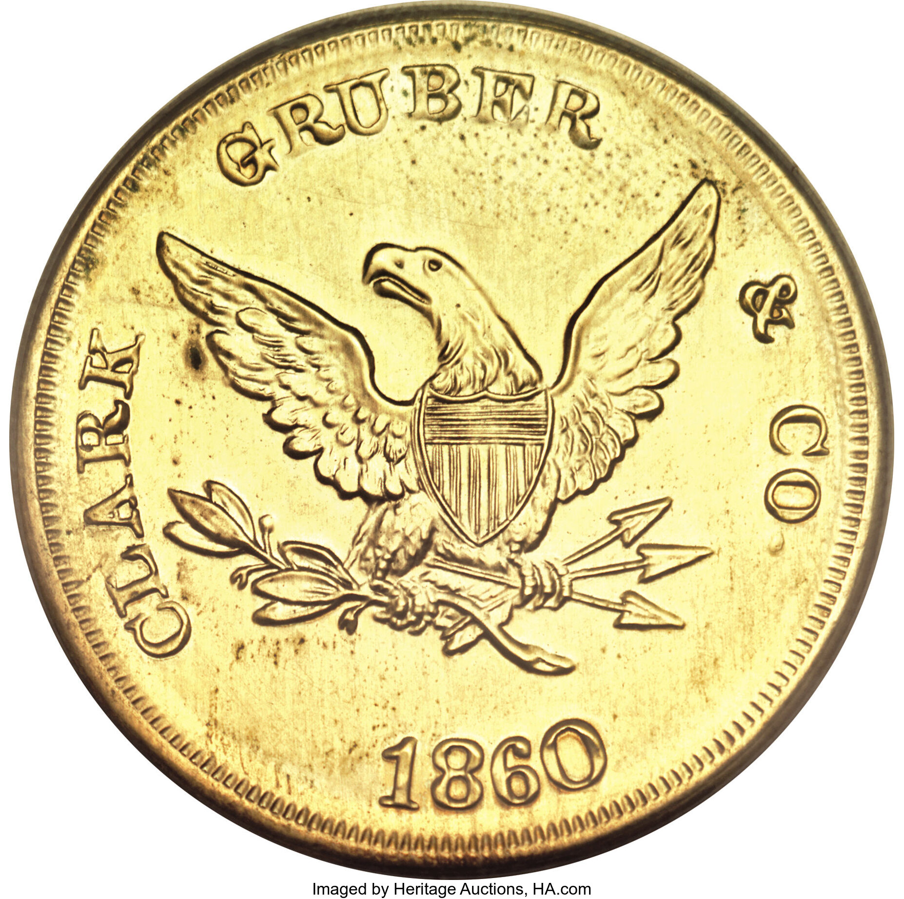 image for: 1860 $20 Clark, Gruber $20 Copper Die Trial--Repaired--NCS. AU Details....