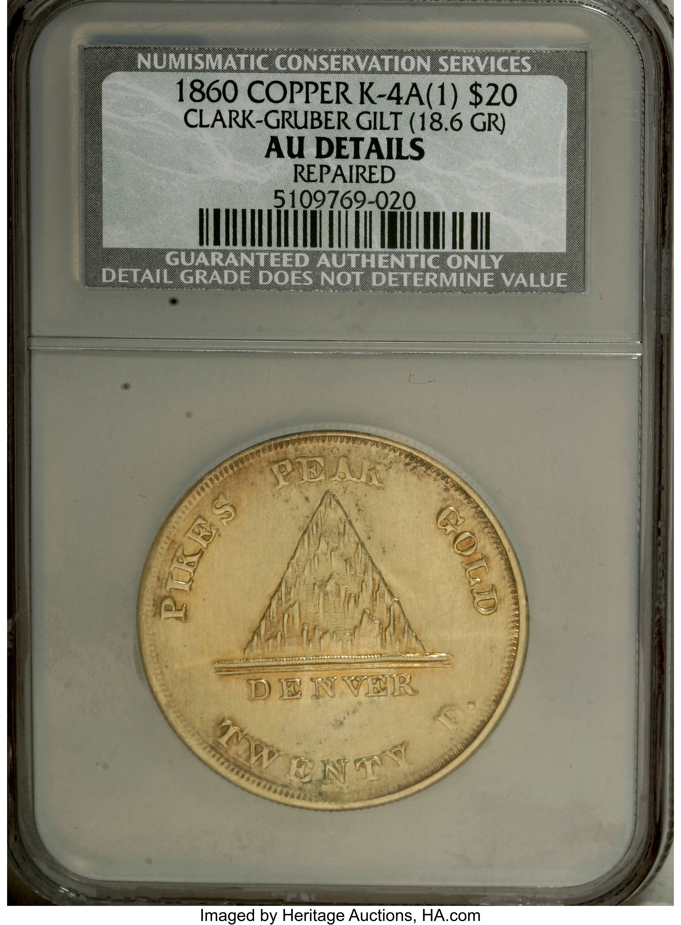 image for: 1860 $20 Clark, Gruber $20 Copper Die Trial--Repaired--NCS. AU Details....