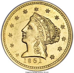 image for: 1861 $2 1/2 Clark, Gruber $2 1/2 Copper Die Trial, Gilt--Improperly Cleaned--NCS. Unc Details....