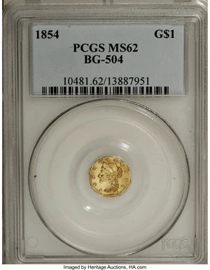 image for: 1854 $1 Large Eagle Octagonal 1 Dollar, BG-504, Low R.5, MS62 PCGS....