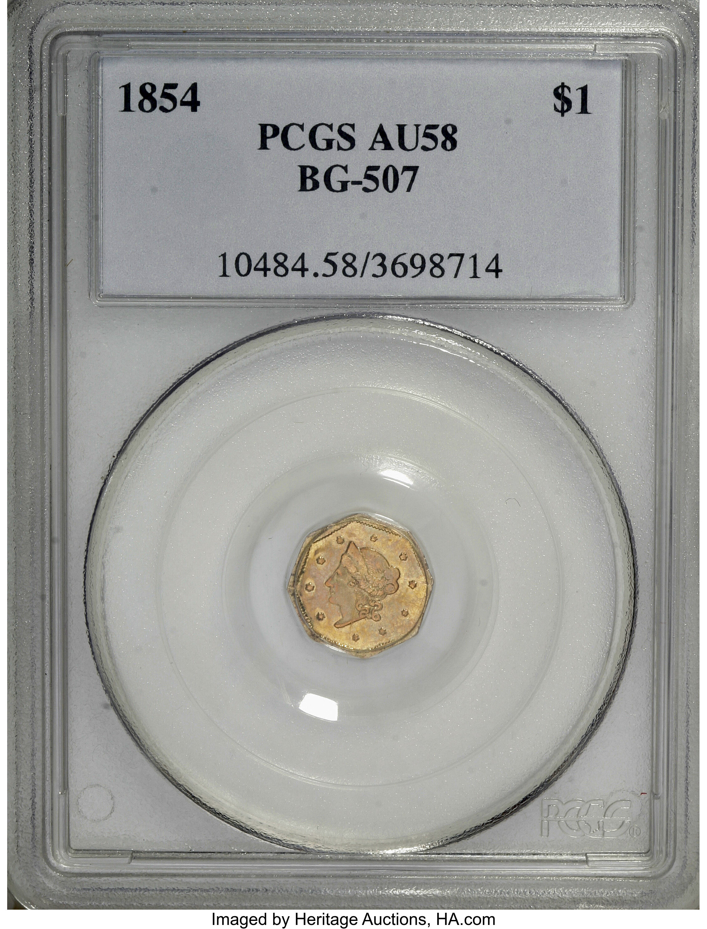 image for: 1854 $1 Liberty Octagonal 1 Dollar, BG-507, High R.6, AU58 PCGS....