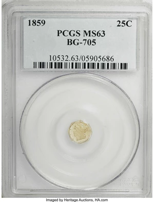 image for: 1859 25C Liberty Octagonal 25 Cents, BG-705, High R.6, MS63 PCGS....