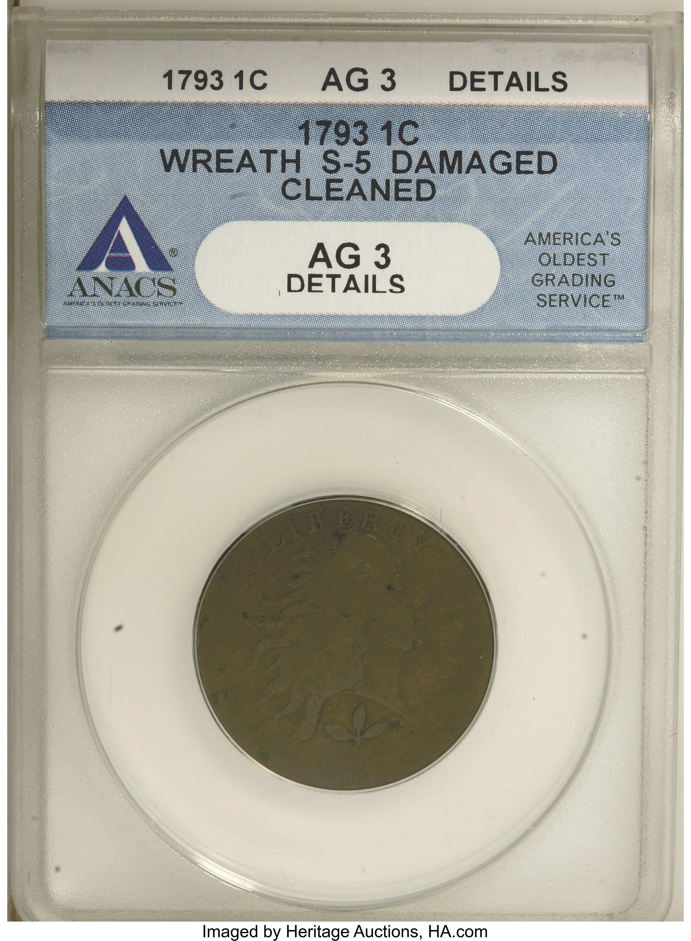 image for: 1793 1C Wreath Cent--Vine and Bars, Damaged, Cleaned--ANACS. AG3 Details....