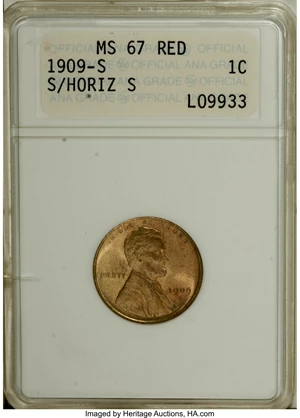 image for: 1909-S 1C S Over Horizontal S MS67 Red ANACS....